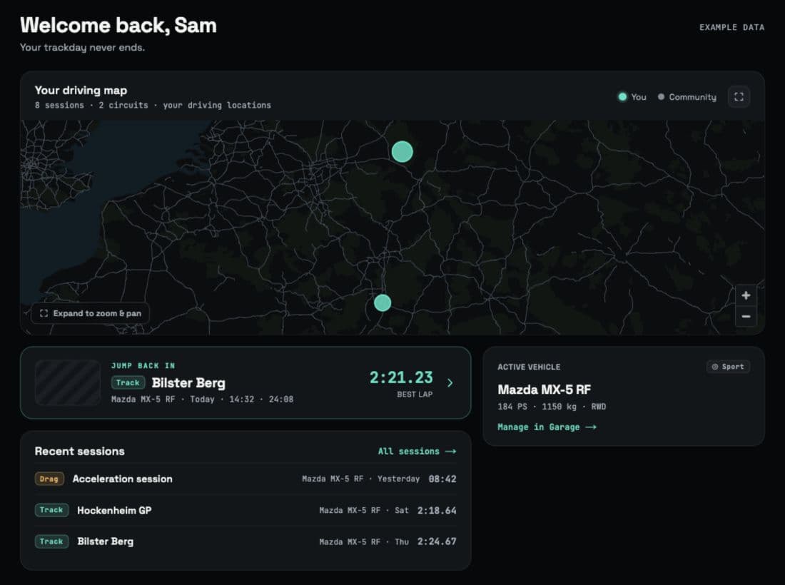 Dashboard example showing driving locations at Bilster Berg and Hockenheim, recent track and drag sessions, and a Mazda MX-5 in the garage