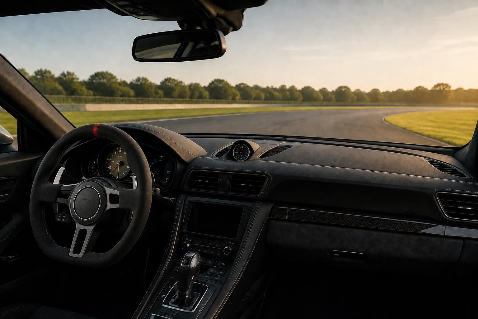 A sports-car cockpit with a red 12 o'clock stripe on the steering wheel, overlooking a clear track