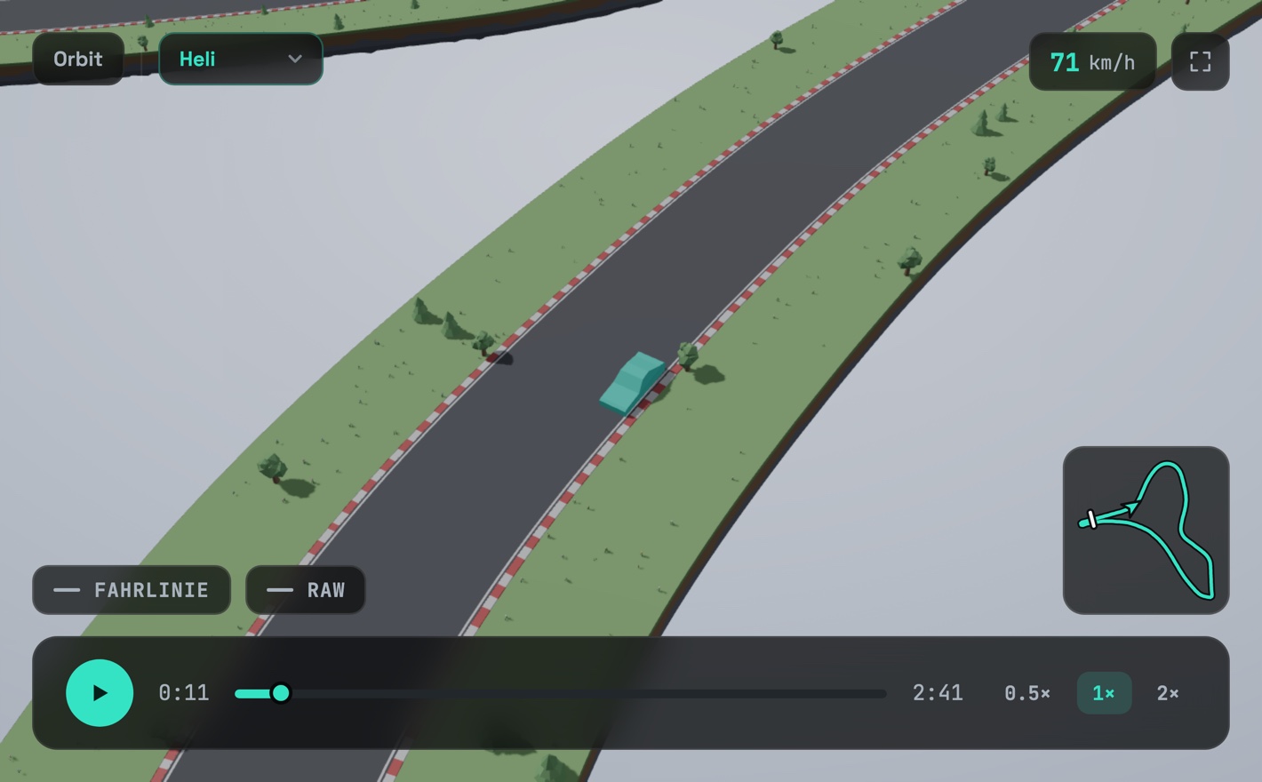 A real AfterLap track lap replayed in 3D from the helicopter camera, with the course map in the corner